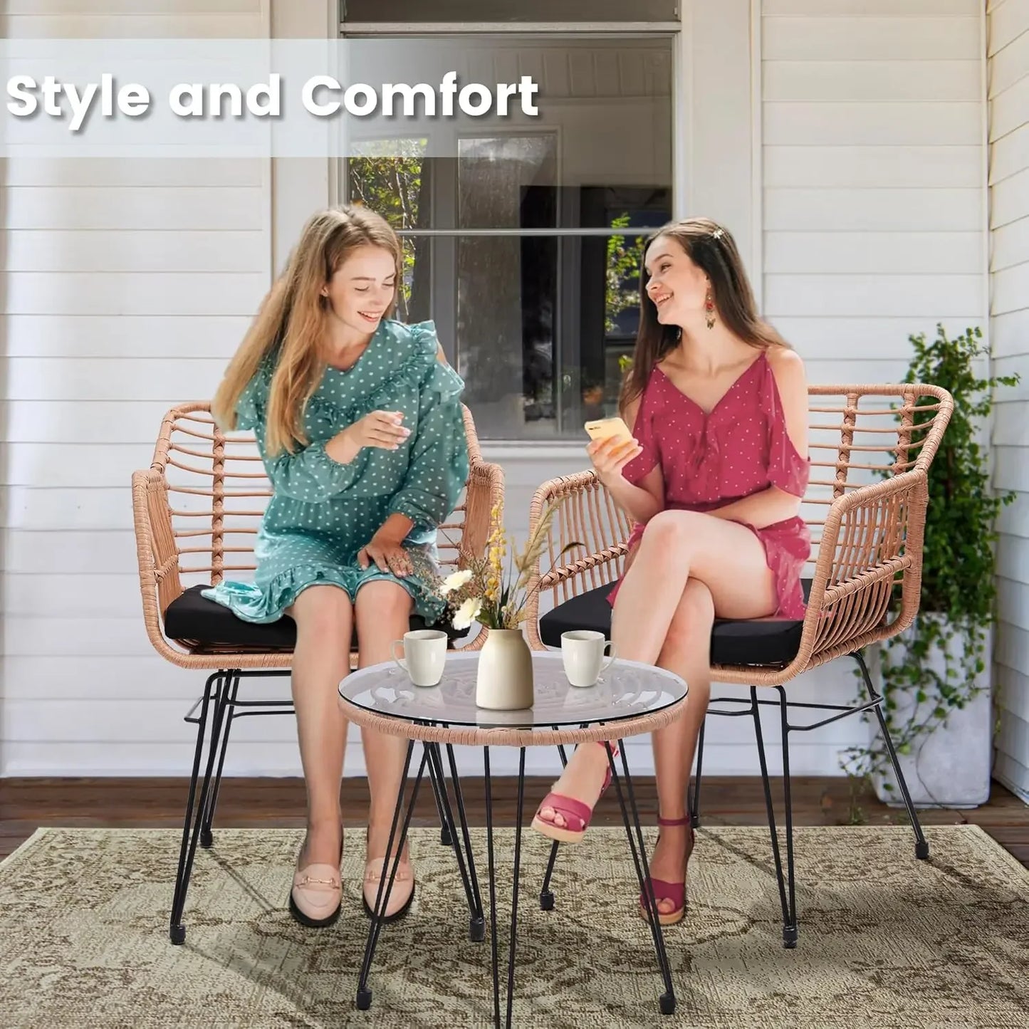 Thick Round Rattan Arm Chairs + Table Set w/ Sturdy Steel Frame + Tempered Glass Top.