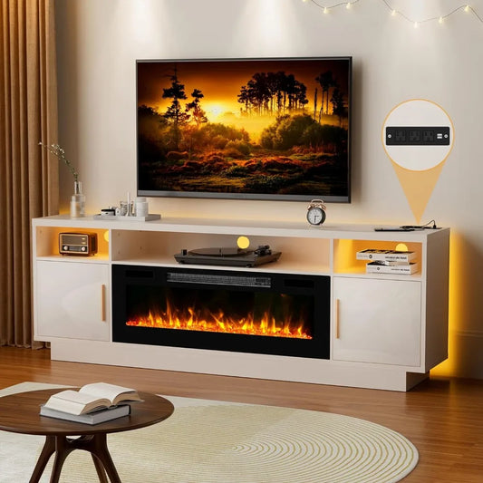 TV / Media Console Cabinet with 36'" Fireplace, LED Lights, Shelf Storage + Doors.