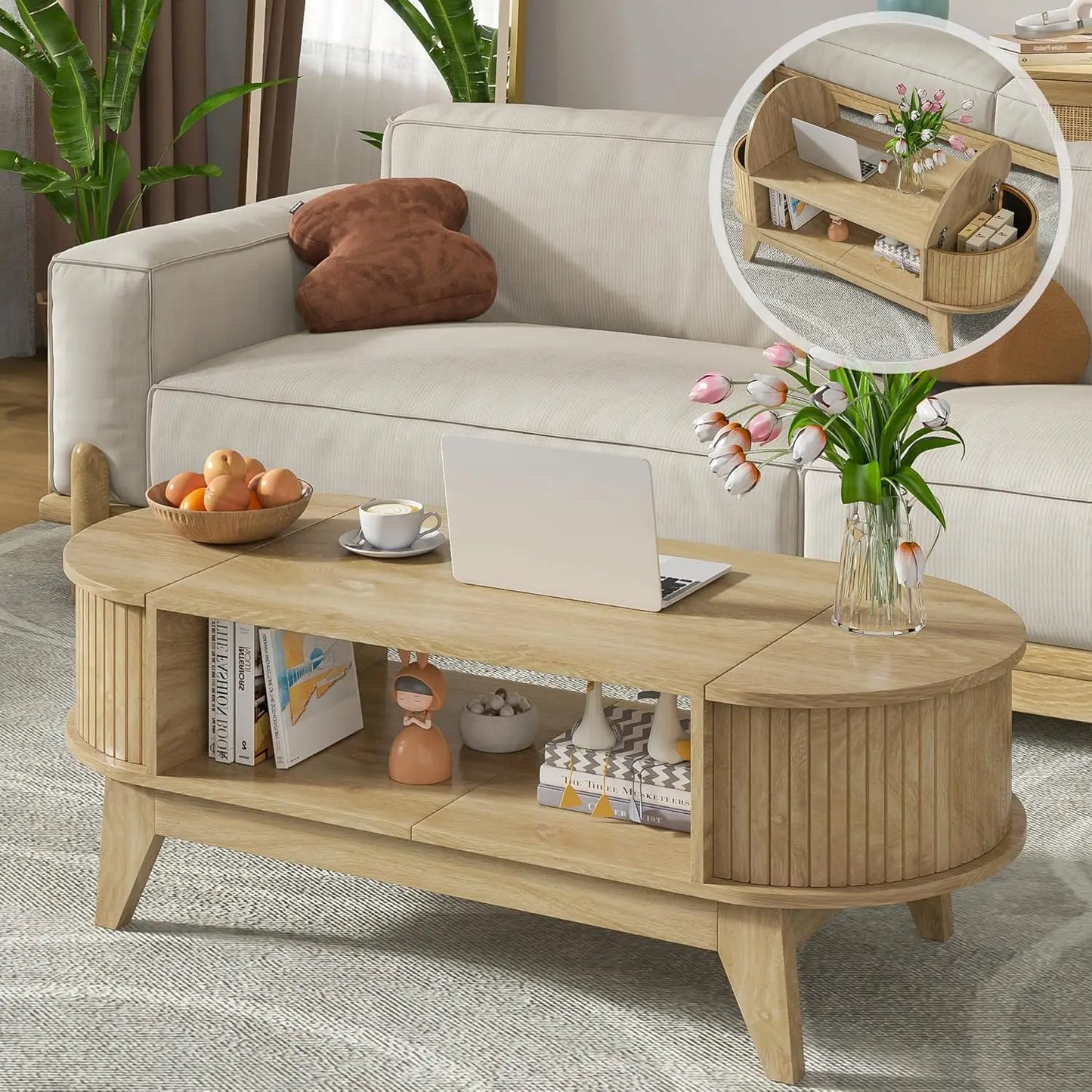 Mid-Century Modern Oval Coffee Table w/ Shelf + Hidden Storage.