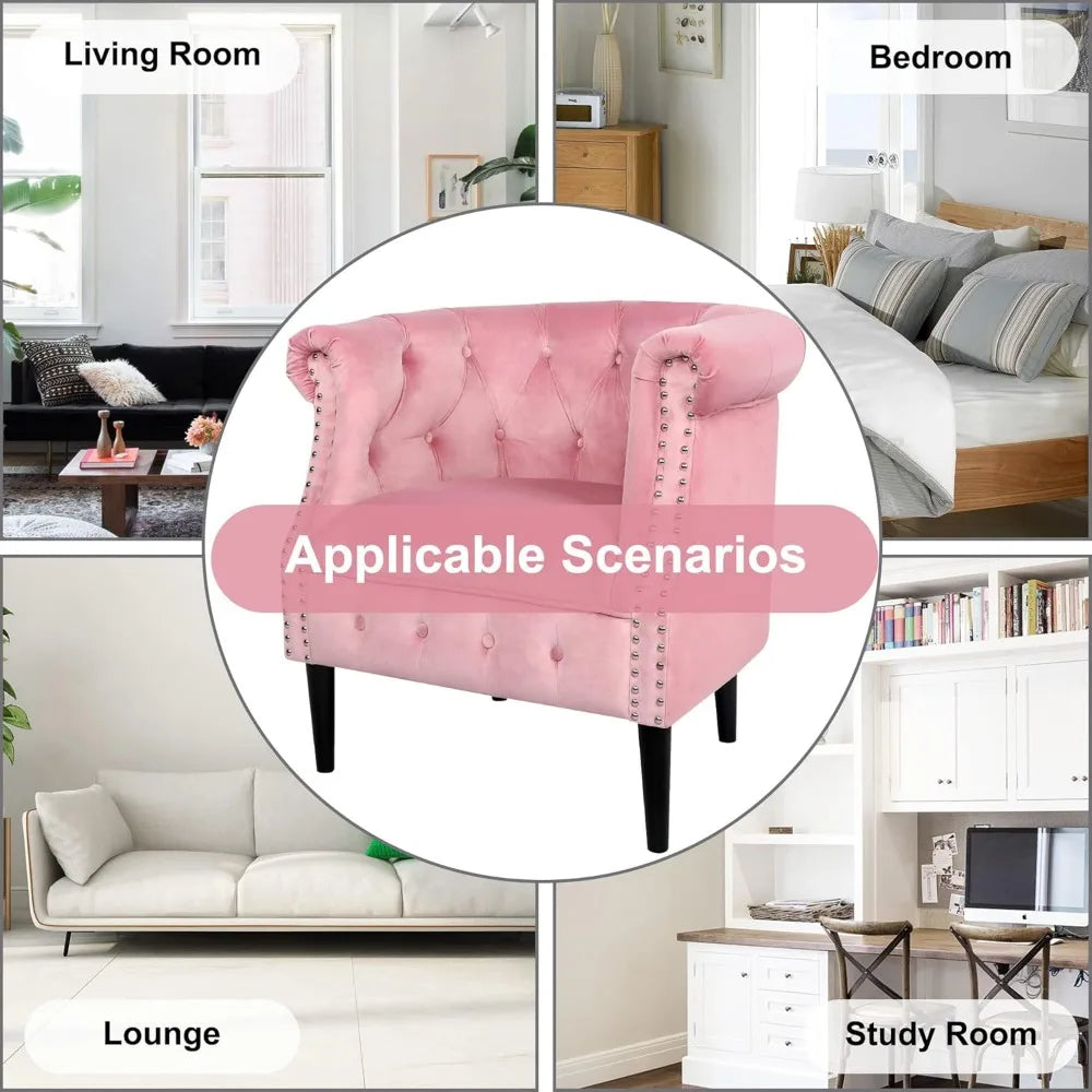 Chesterfield Design Velvet Button-Tufted Riveted Barrel Arm Chair + Storage Ottoman Set,