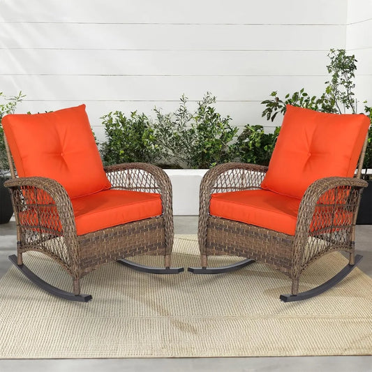 Comfortable PE Wicker Rattan Steel Frame Rocking Chair w/ Cushions.