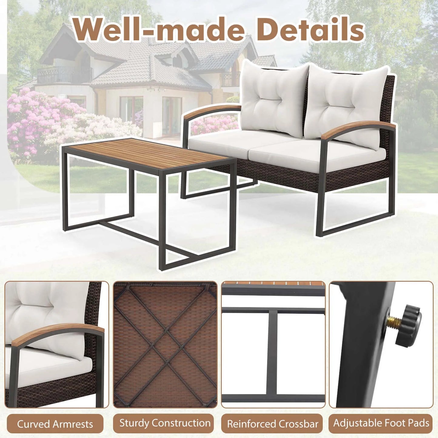 High Quality Acacia Wood + PE Wicker Bench, Table, Cushions Set