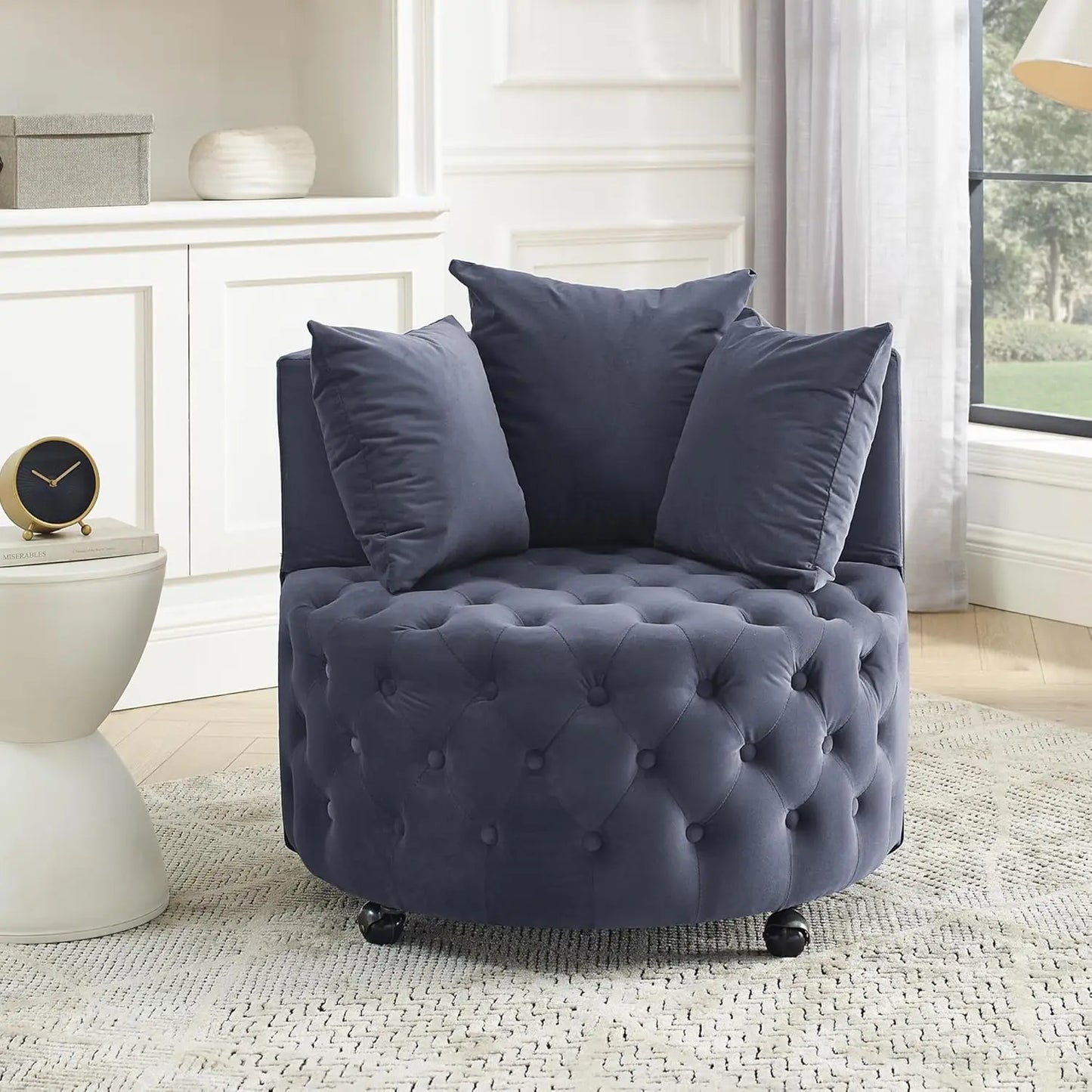 Modern Button-Tufted Round Swivel Club Lounge Chair on Wheels w/ 3-Pillows.