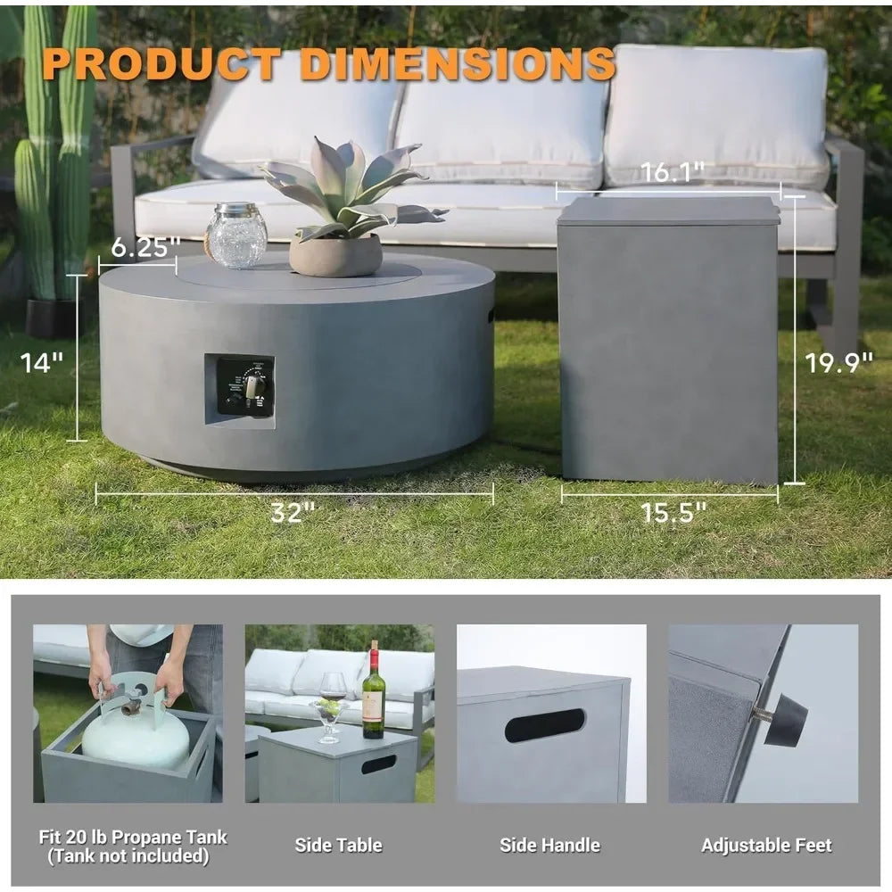 3-in-1 Round Propane Fire Pit Table w/ 65,000 BTU, Wind Guard + Side Tank Storage.