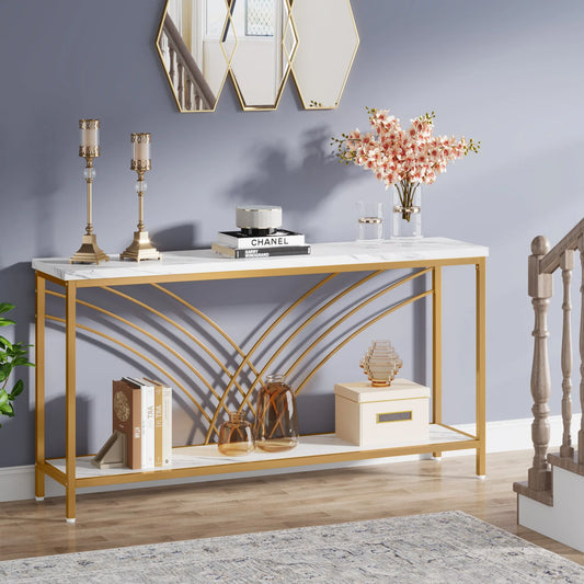 Modern Console or Sofa Table w/ Gold Metal Frame + Faux Marble Wood.