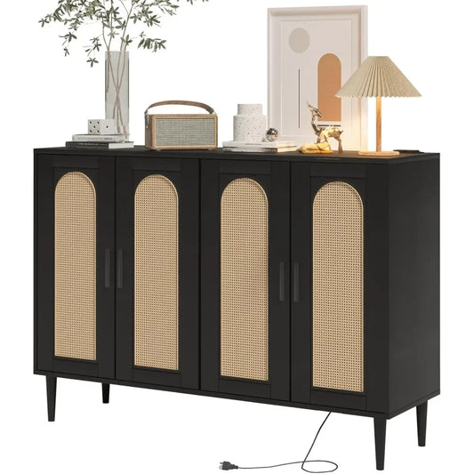 Console Cabinet or Dining Sideboard Buffet w/ Shelf Storage, Rattan Doors + Power Outlet.