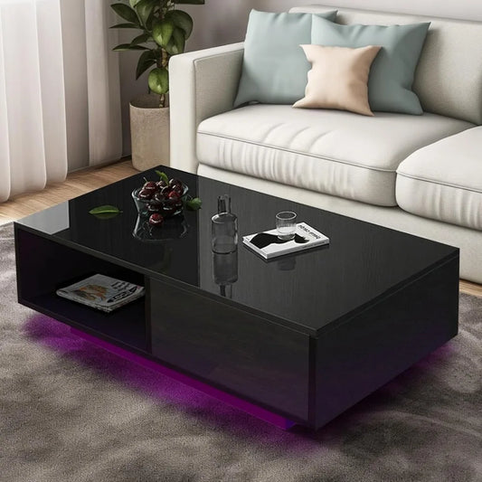 Modern LED Coffee Table w/ Storage Drawer + Open Display Shelf.