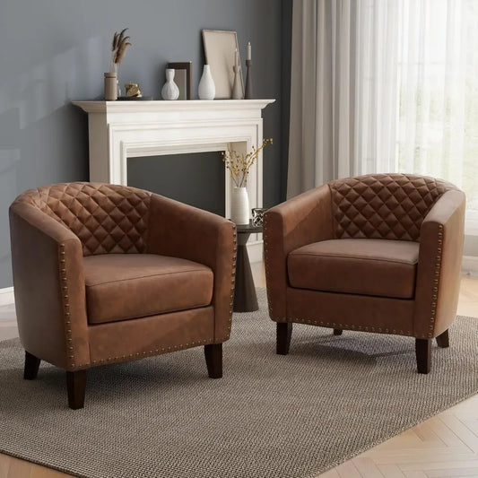 Modern Style Club or Barrel Arm Chairs. Leather w/ Nail Trim. Set of 2.