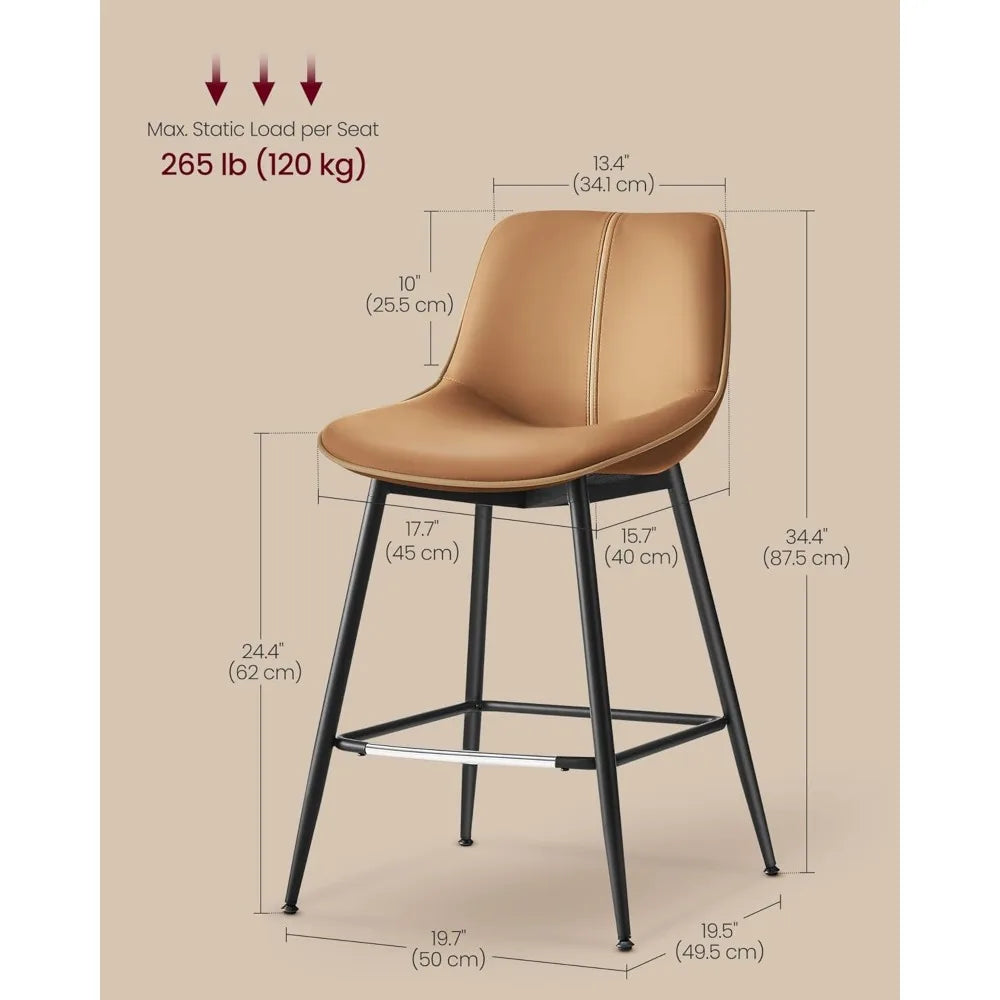 Metal Base PU Leather Ergonomic Backrest Bar Stool Chairs, Set of 2.