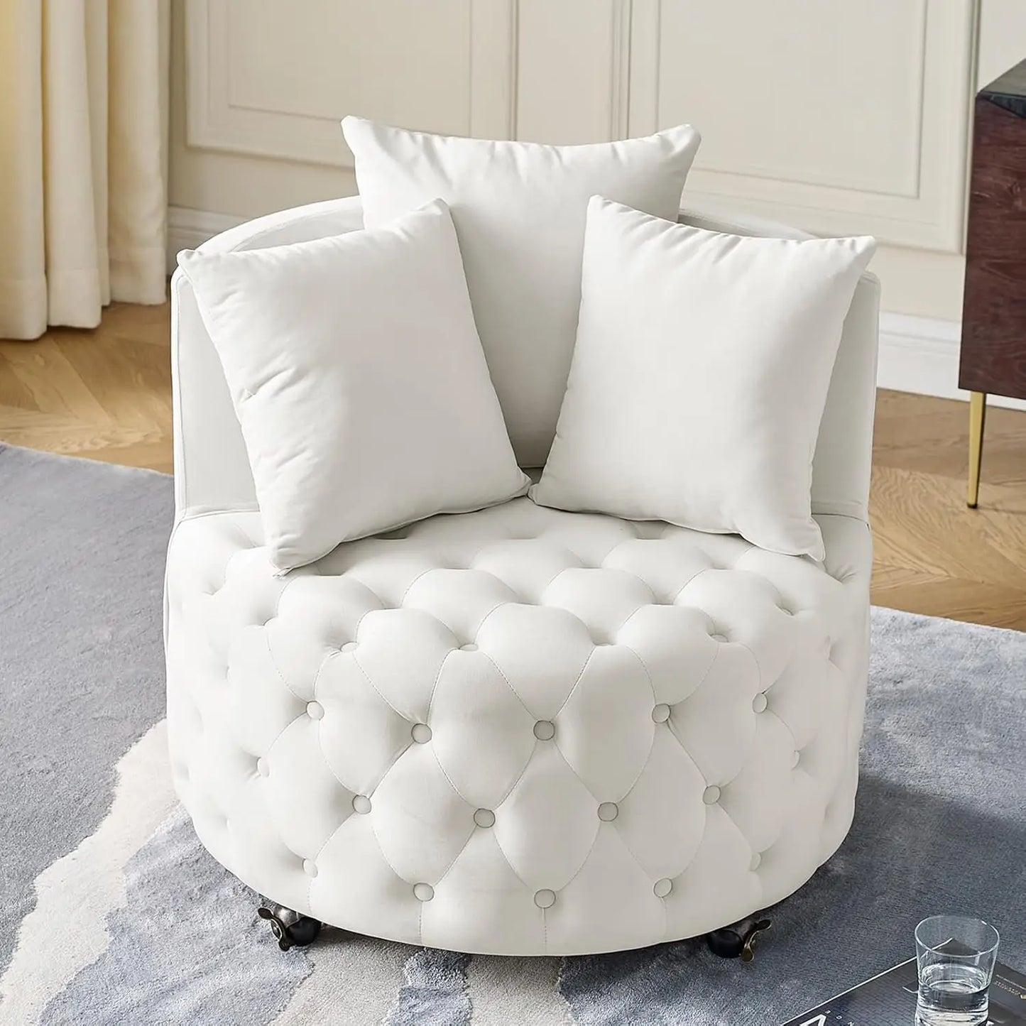Modern Button-Tufted Round Swivel Club Lounge Chair on Wheels w/ 3-Pillows.