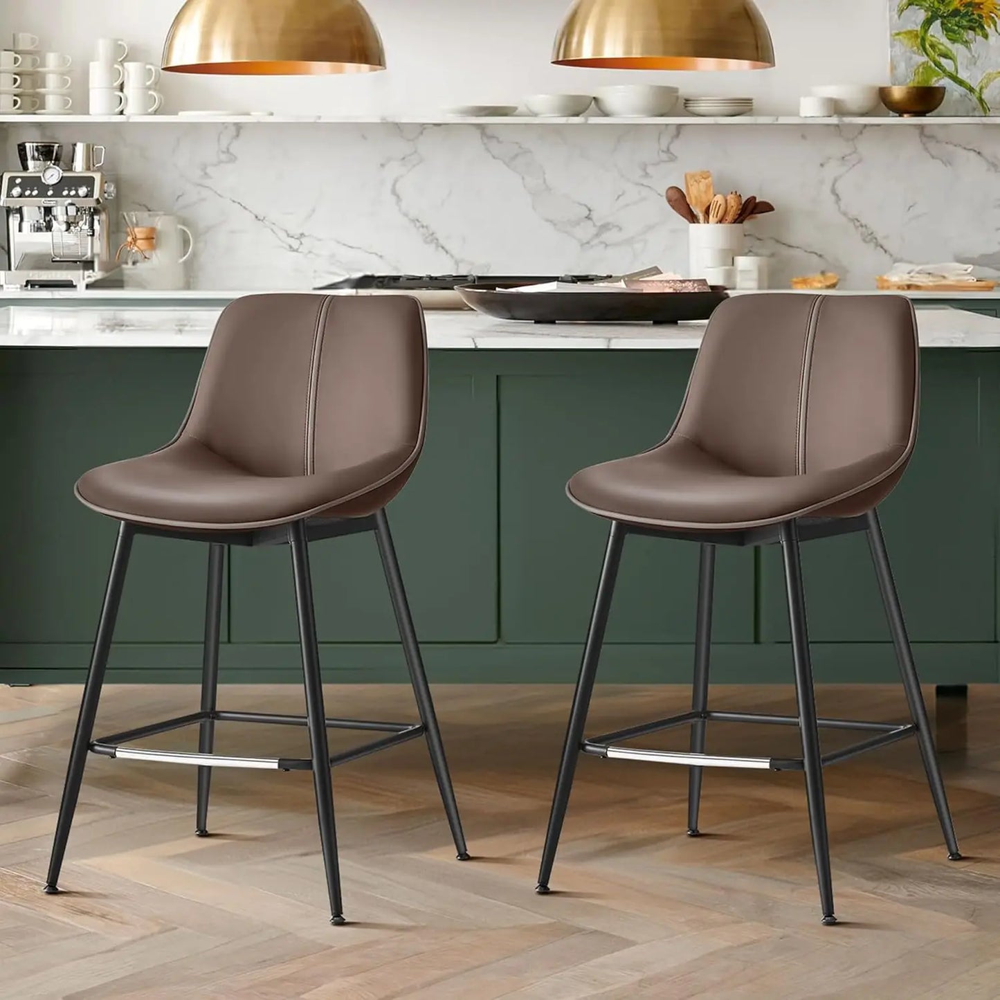 Metal Base PU Leather Ergonomic Backrest Bar Stool Chairs, Set of 2.