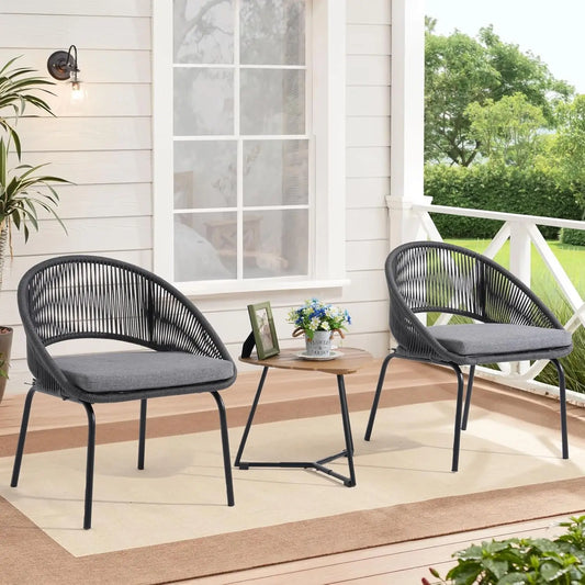 Woven Rope, Iron + Acacia Wood Outdoor Furniture Set, 3pcs.