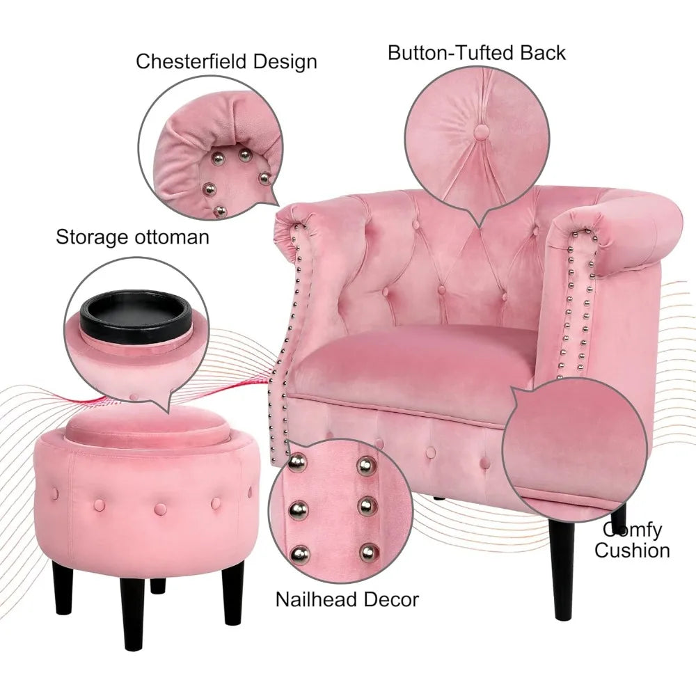 Chesterfield Design Velvet Button-Tufted Riveted Barrel Arm Chair + Storage Ottoman Set,
