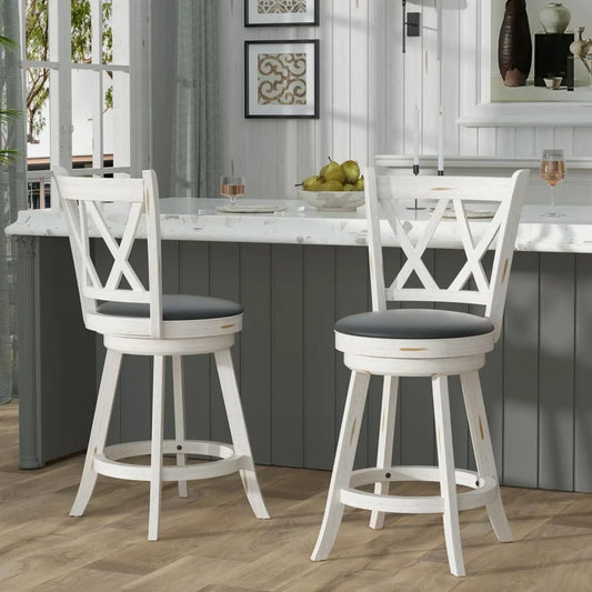 Farmhouse Rubber Wood + Upholstered Swivel Bar Stool Chairs, Set of 2.
