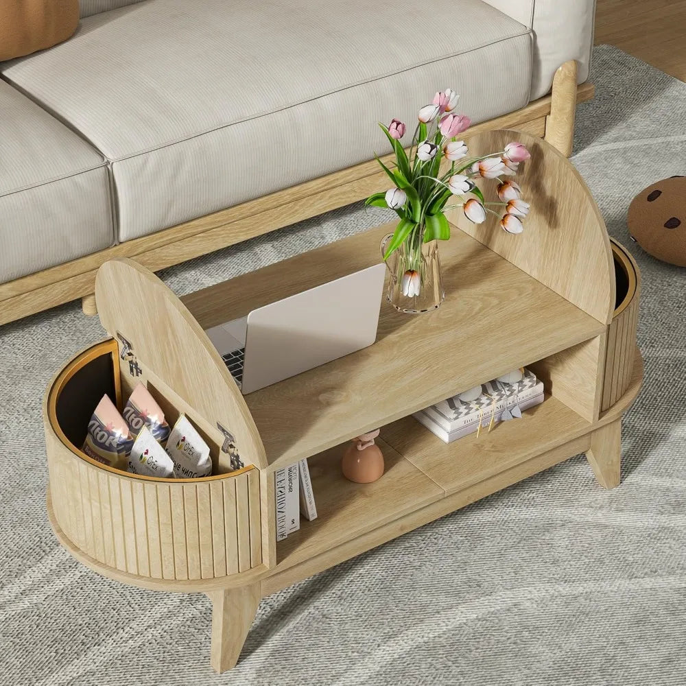 Mid-Century Modern Oval Coffee Table w/ Shelf + Hidden Storage.