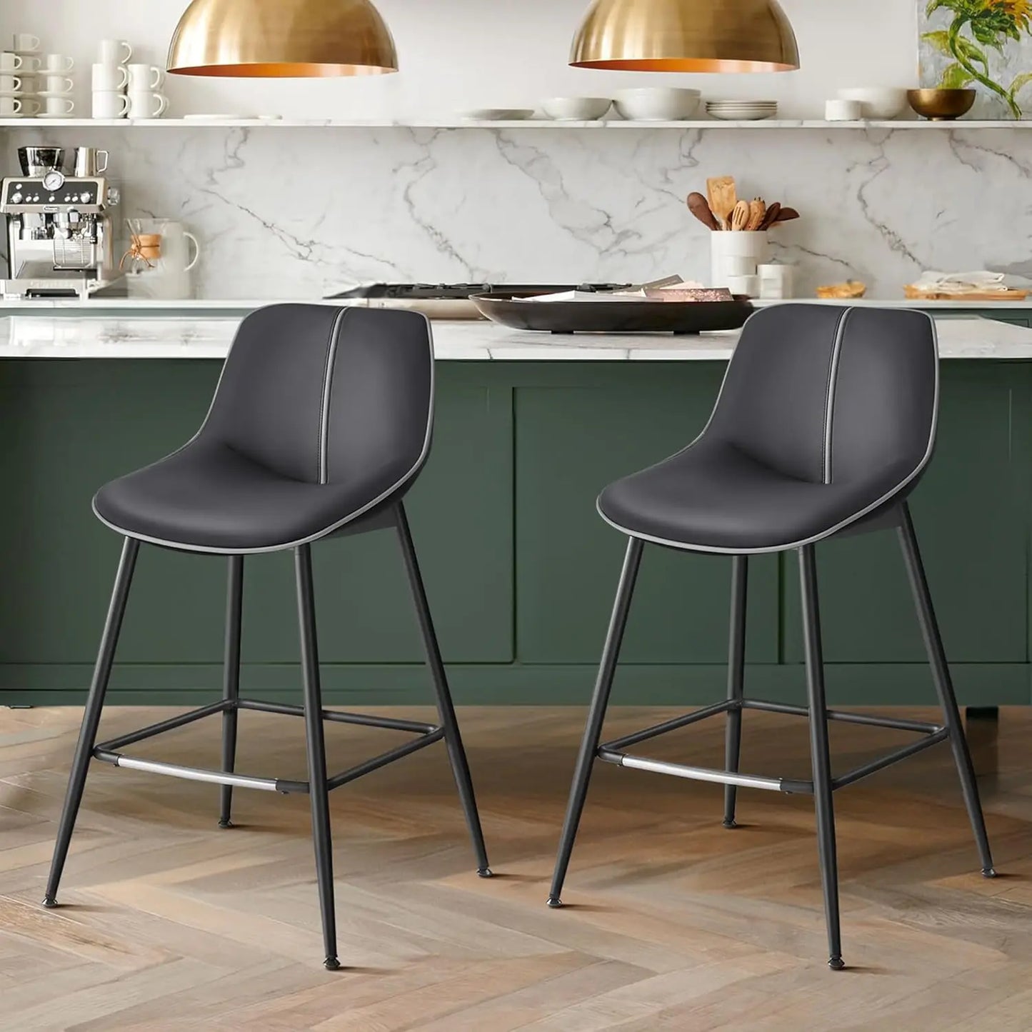 Metal Base PU Leather Ergonomic Backrest Bar Stool Chairs, Set of 2.