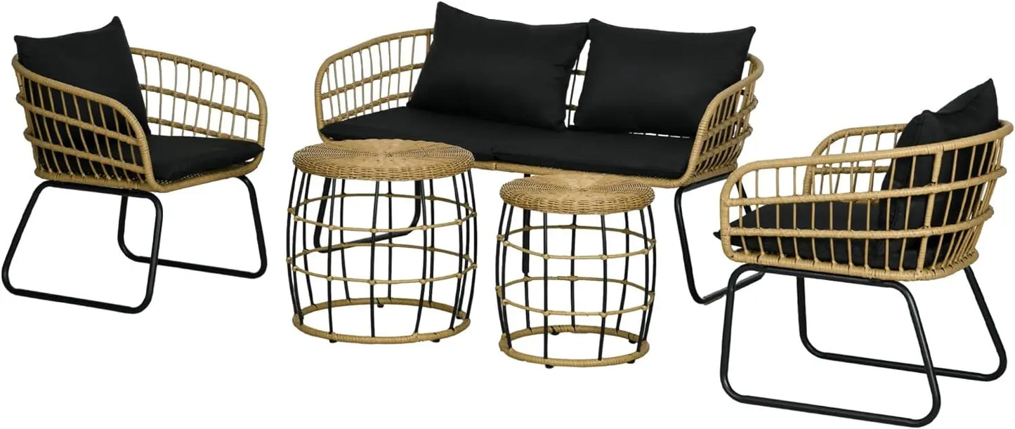 Handwoven PE Rattan + Metal Loveseat, 2-Chairs, 2-Tables Set w/ Cushions.