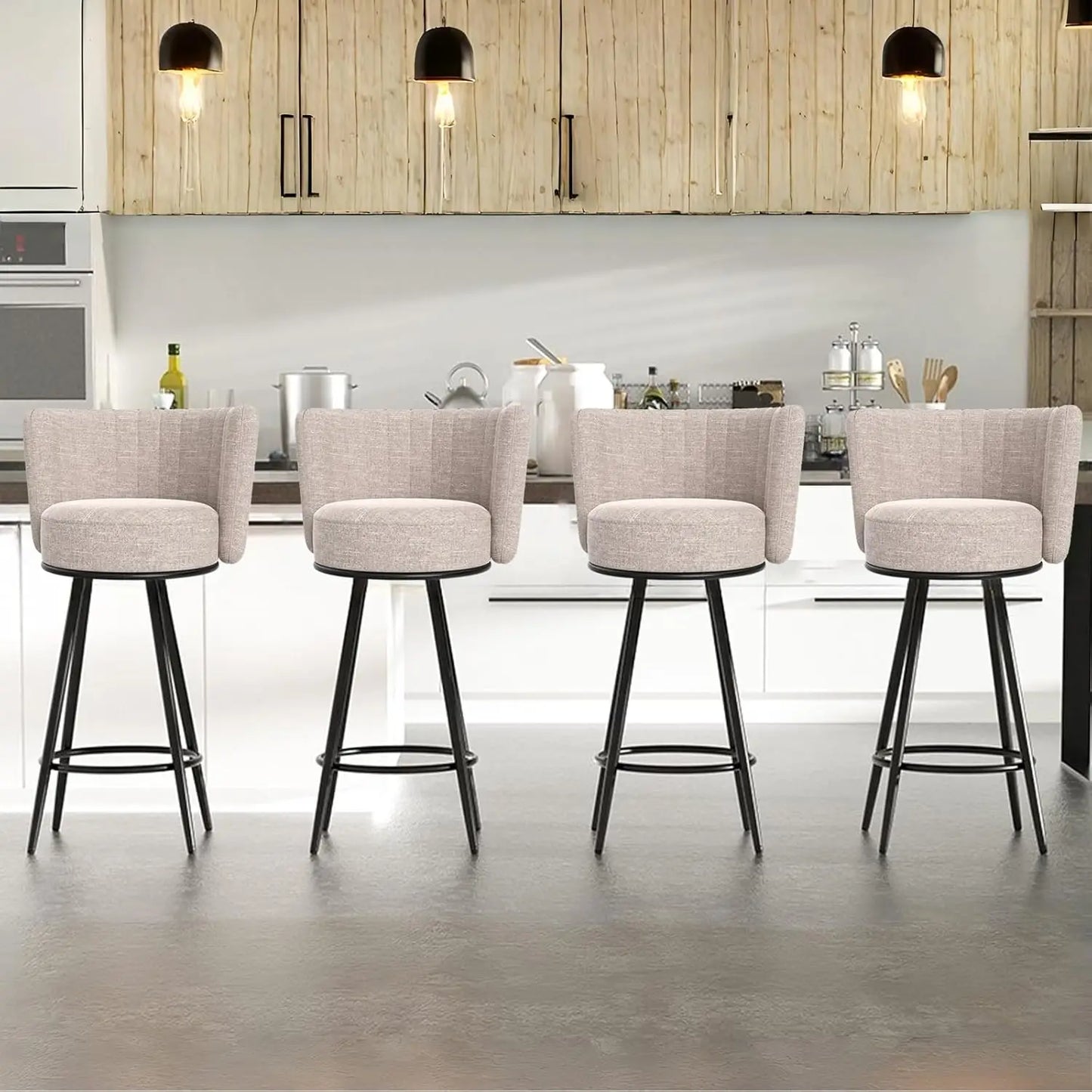 Modern White Upholstered + Tufted Bar Stool Chairs, Set Of 4.
