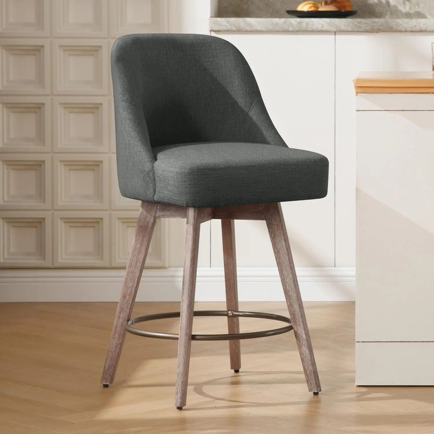 Ergonomic Swivel Bar Stool Chairs, Wood Base w/ Upholstered Linen or Faux Leather. Set of 2.