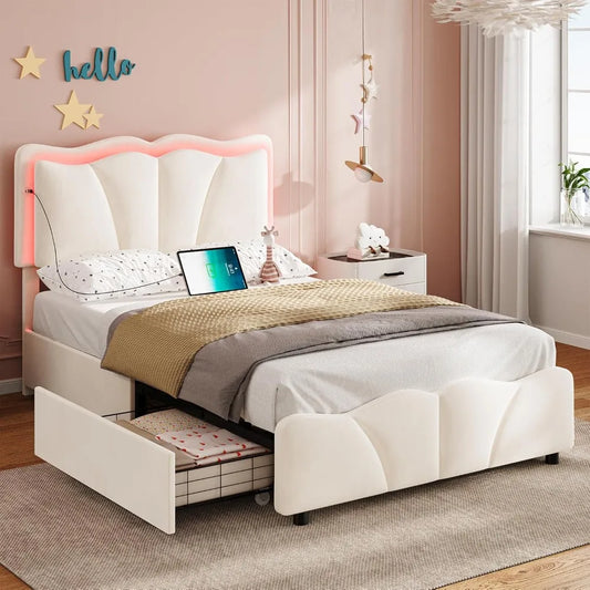 Upholstered LED Bed w/ Storage Drawers. Wood Slat Supports + 2-Charging Ports.