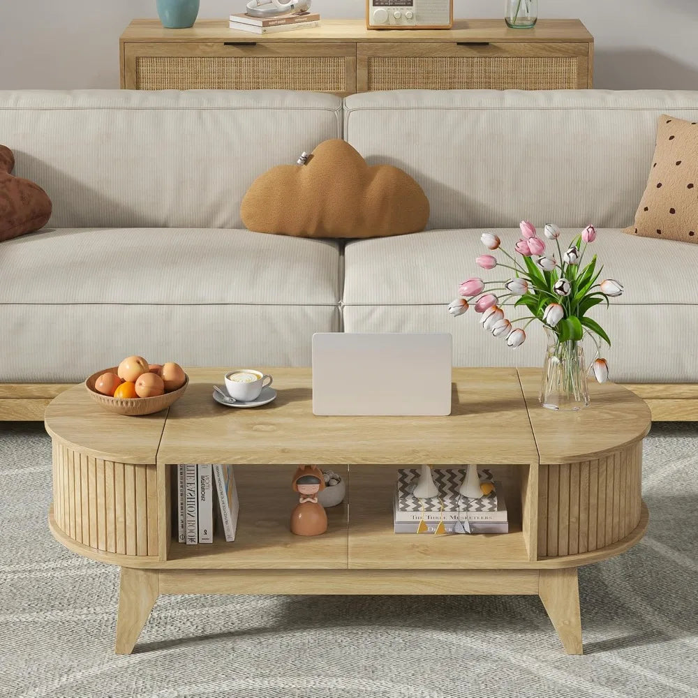 Mid-Century Modern Oval Coffee Table w/ Shelf + Hidden Storage.